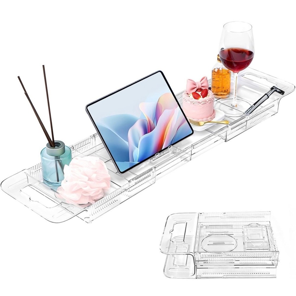 Clear Acrylic Bathtub Tray Caddy Extendable Foldable Tub Shelf Tablet Holder